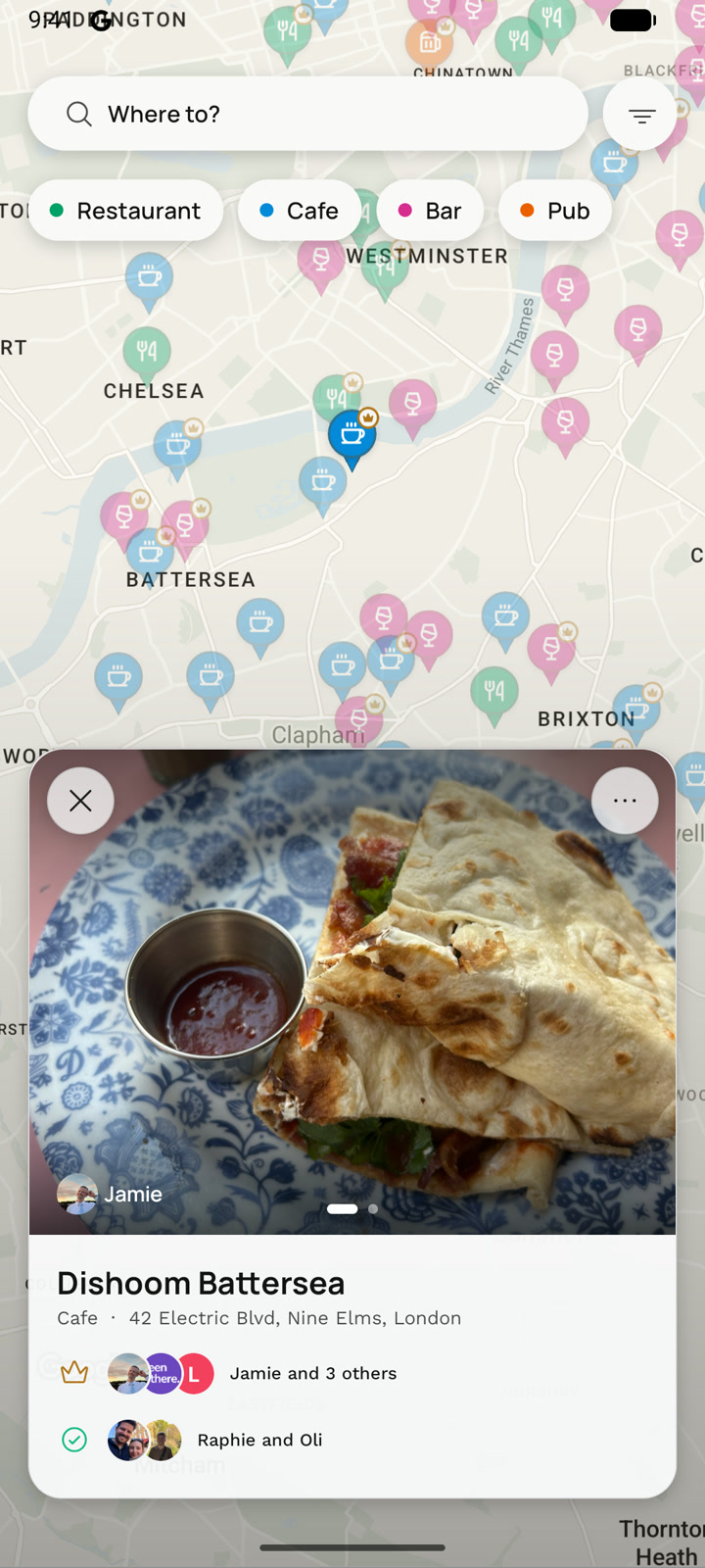Dishoom Battersea saved in Been There, with Jamie’s food photo and friends’ recommendations.