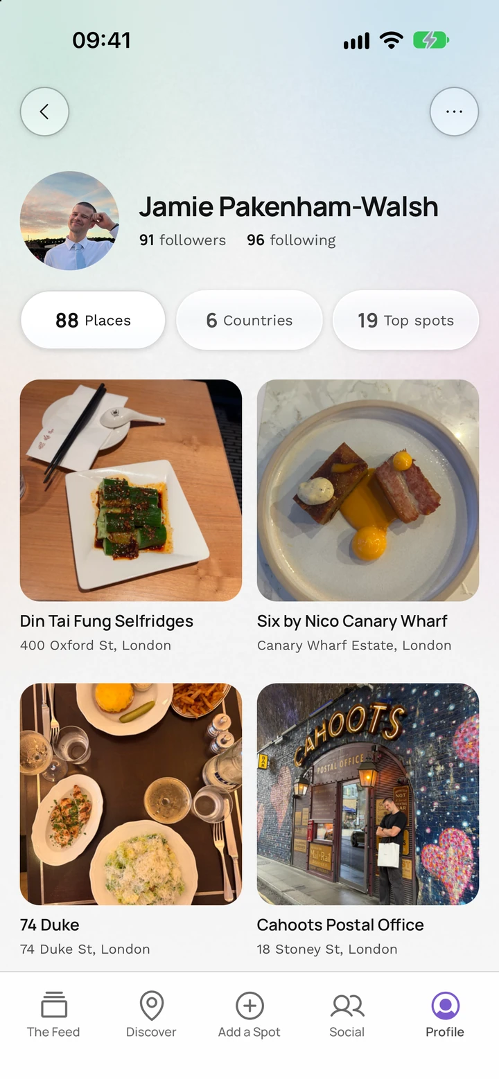 Jamie’s Been There profile, with a collection of restaurants and cafés shown as a photo grid.