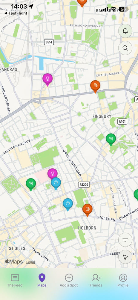 A zoomed-out city map showing colour-coded pins for restaurants, bars, cafés, and pubs across central London.