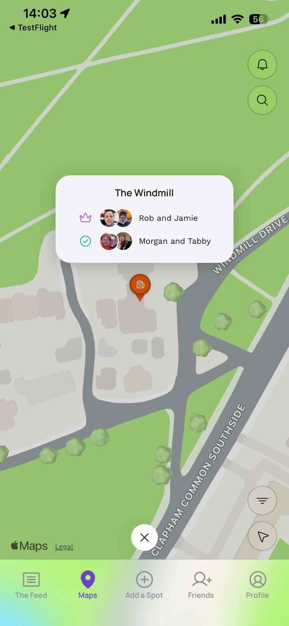 A map view showing a pinned pub with a popup listing the friends who recommended it.