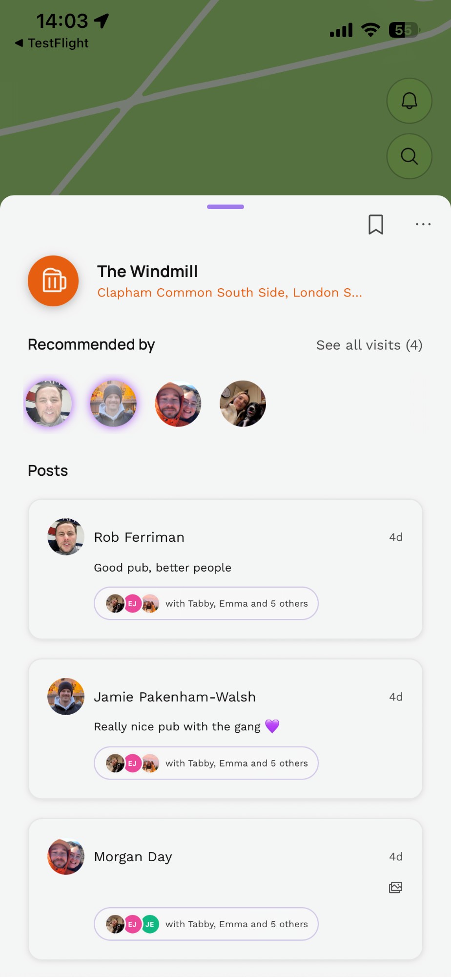 A Been There place page showing The Windmill pub, recommended by four friends with a list of their posts below.