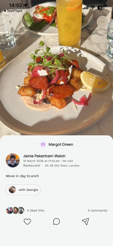 A post showing a plate of food crowned as a Top Spot, shared by a friend.